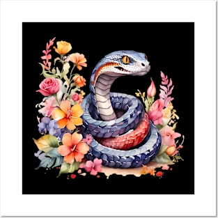 A snake decorated with beautiful watercolor flowers Posters and Art